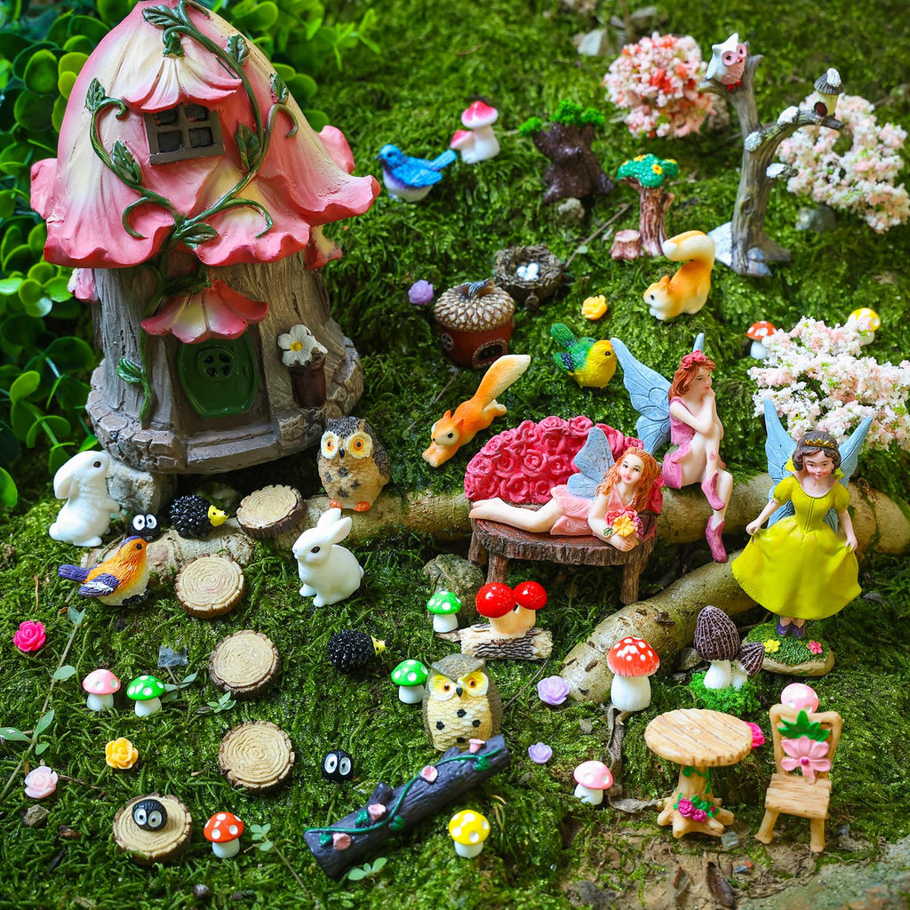 HIYZI 93 Pcs Fairy Garden Accessories Miniature House Figurines Kit