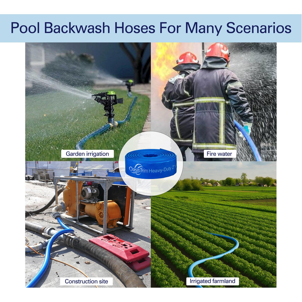 OasisTrim 2" x 50FT Pool Backwash Hose, Heavy-Duty Pool Hose, Lay Flat Discharge Hose, Durable Burst Resistant, Pool Filter Pump Water Drainage, Sump Pump Discharge, with 2 Clamps