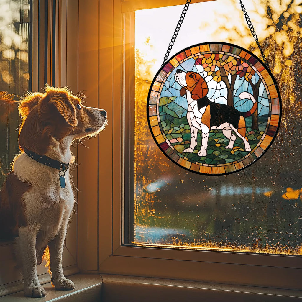 GEFOS Stained Glass Window Hanging Cute Dog Beagle Trees 6.3" - Suncatcher Door Garden Sunroom Sun Catcher Home Decor Birthday Christmas for Lost Pets Mom Men Woman Nana