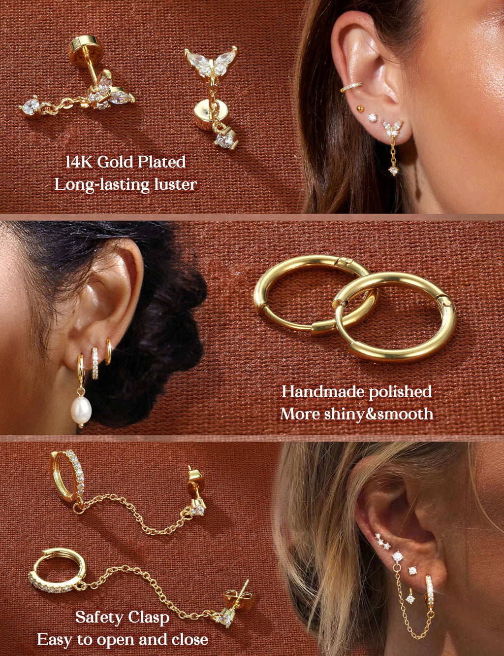 LOLIAS Hypoallergenic Flat Back Earrings Set for Women-Surgical Stainless Steel Earrings for Sensitive Ears-14K Gold Plated Chain Cartilage Earring Stacks Flatback Stud Hoop Earring Sets for Multiple Piercing Jewelry Gold