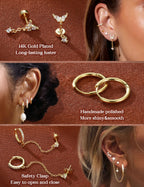 LOLIAS Hypoallergenic Flat Back Earrings Set for Women-Surgical Stainless Steel Earrings for Sensitive Ears-14K Gold Plated Chain Cartilage Earring Stacks Flatback Stud Hoop Earring Sets for Multiple Piercing Jewelry Gold