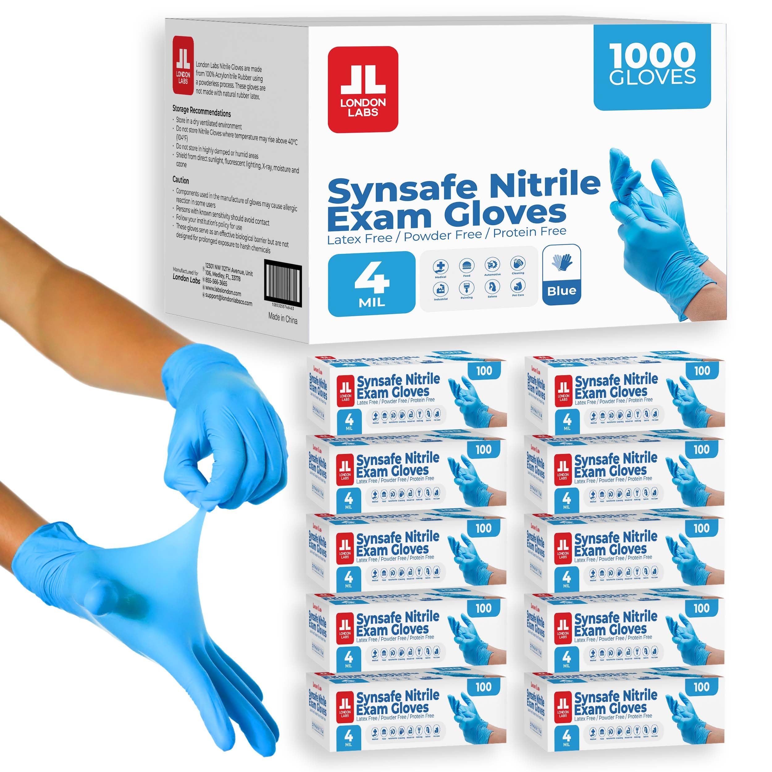 London Labs Synsafe 4 Mil -Blue Nitrile Exam Gloves –Disposable Latex Free & Powder Free – Extra Strong, Rubber Gloves – First Aid Kit, Medical, EMT, Cleaning, Cooking | Bulk Case of (1000 ct)