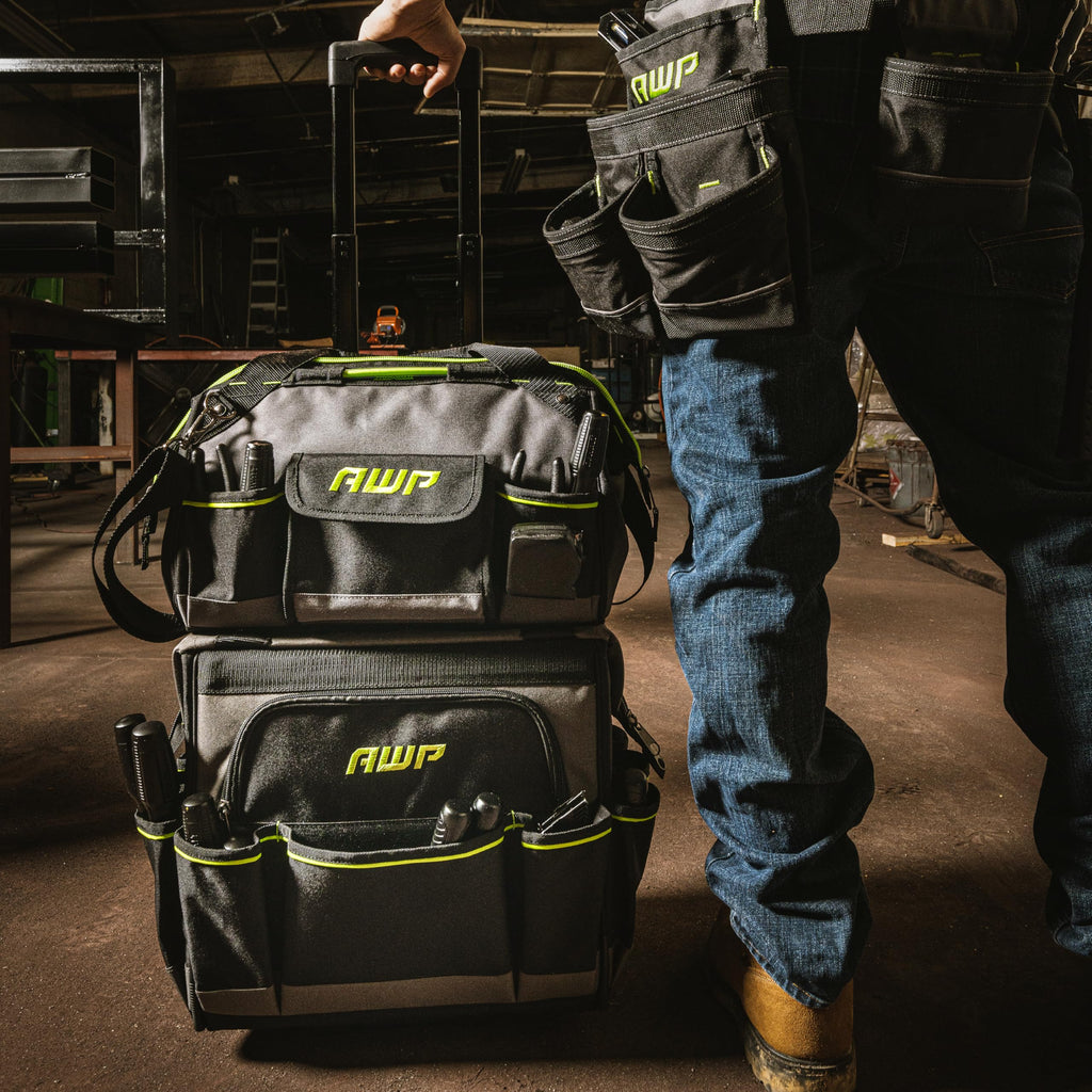 AWP Rolling Tool Bag Durable Tool Tote Water-Resistant Organizer for Professionals and Contractors, Adjustable Handle for Travel, Black | L-22814