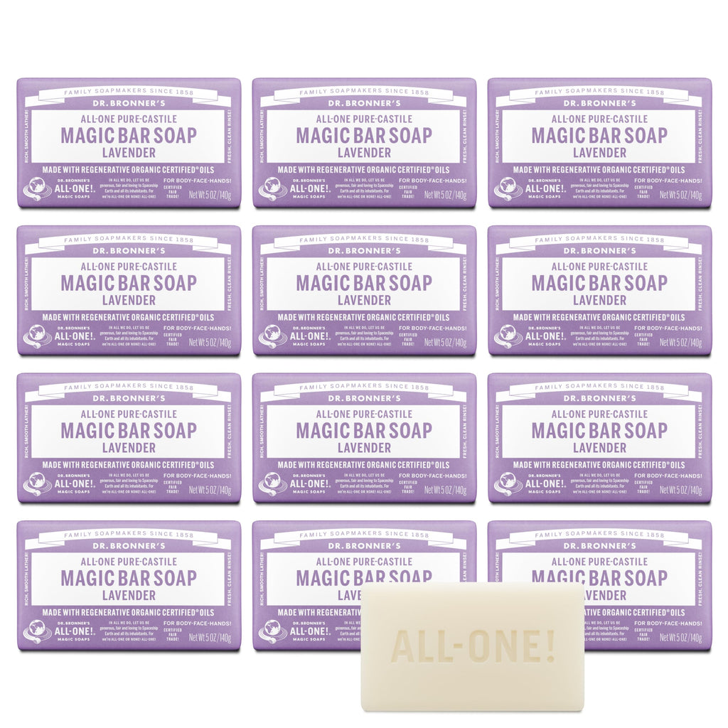 Dr. Bronner's Pure-Castile Magic Bar Soap (Lavender, 5 Ounce, 12-Pack) - Made with Regenerative Organic Certified Oils, For Face, Body & Hair, Gentle & Moisturizing, Biodegradable, Vegan, Cruelty-free