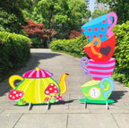 2 Pcs Giant Alice Party Decorations Props Sets Wonderland Yard Signs Decor Mad HatterTea Party Decoration Alice Themed Trick or Treat Stacked TeacupsTeapot with Stakes Stand Indoor Outdoor