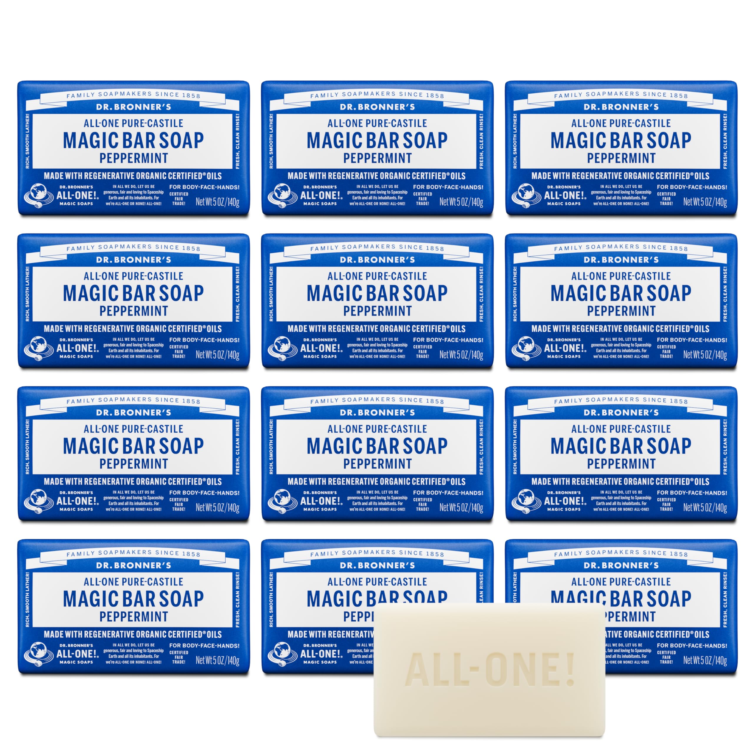 Dr. Bronner's Pure-Castile Magic Bar Soap (Peppermint, 5oz, 12-Pack) – Made with Regenerative Organic Certified Oils, Soap Bars for Men & Women, Vegan, Cruelty-Free, Non-GMO