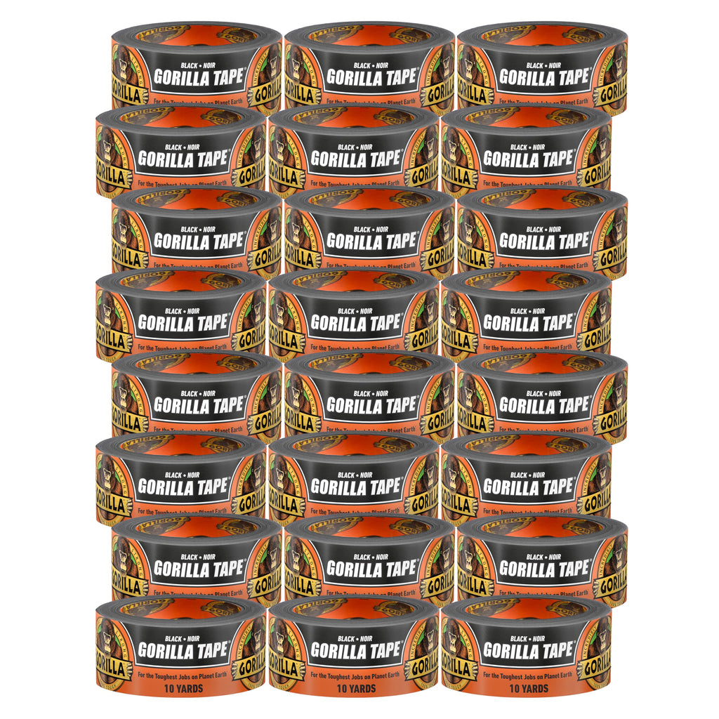 Gorilla Tape, Duct, Utility, Triple Layer Strength, Indoor & Outdoor, Weather Resistant Shell, 1.88 in x 10 yd, Black, (Pack of 24)