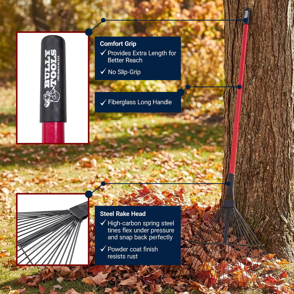 Bully Tools 24-Tine Thatching Garden Rake for Leaves | Heavy Duty Metal Leaf Rake | Dethatching Large Leaves and Yard Debris, 23.5" Wide 68" Fiberglass Long Handle Rakes for Gardening 100% Made in USA