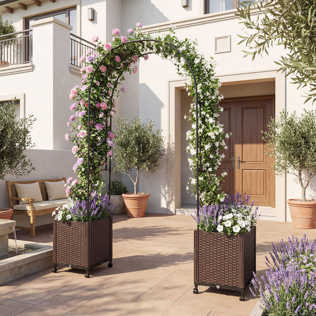 Giantex Metal Garden Arch Trellis Arbor with 2 Self-Watering Planter Boxes, 80" L x 16" W x 91" H PE-Coated Archway with Lockable Rolling Wheels for Climbing Vines, Yard Lawn Party Decorations