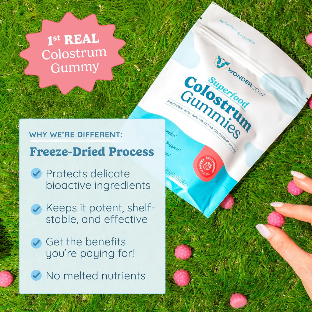 WONDERCOW Colostrum Gummies for Gut Health, Immune Support & Wellness | Natural IgG Whole Bovine Colostrum Supplement, 1,000mg per Serving (90 Gummies (30 Servings), Strawberry Cream)