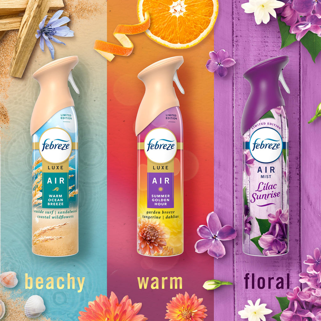 Febreze Air Mist, Air Freshener, Odor Fighting Room Spray, Deodorizer for Home Bathroom Kitchen Office Apartment, Lilac Sunrise, Warm Ocean Breeze, Summer Golden Hour Variety Pack, 8.1oz (Pack of 3)