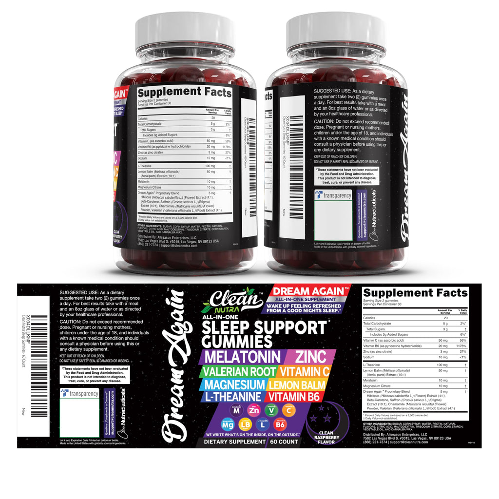 Clean Nutra Melatonin Gummies 10mg | Sleep Aid Valerian Root L-Theanine Vitamin B6 C Lemon Balm Magnesium Hibiscus Beta Carotene Saffron & Chamomile Rest Support Supplement Raspberry Flavor