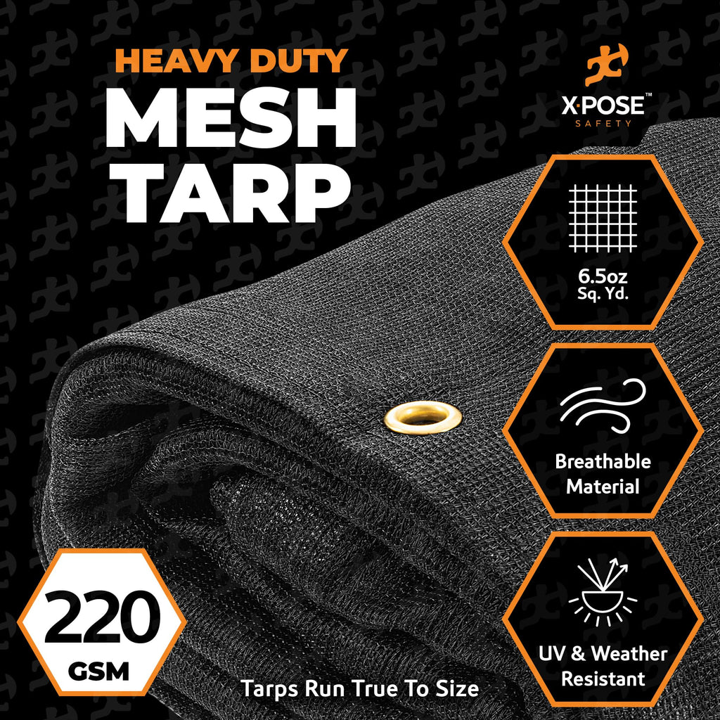 Xpose Safety Heavy Duty Mesh Tarp – 10’ x 16’ Multipurpose Black Protective Cover with Air Flow - Use for Tie Downs, Shade, Fences, Canopies, Dump Trucks – Tear Resistant