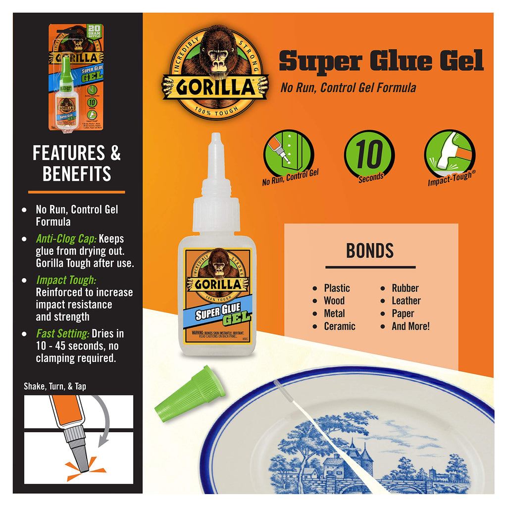 Gorilla Super Glue Gel, Clear, 20 g, All Purpose, Fast Setting