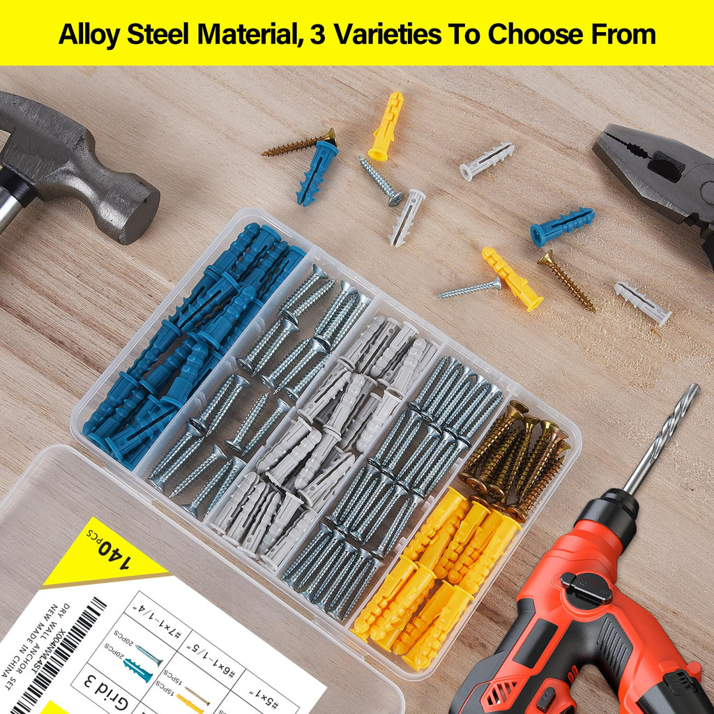 140PCS Drywall Anchors and Screws Kit, 3 Sizes Plastic Wall Anchors