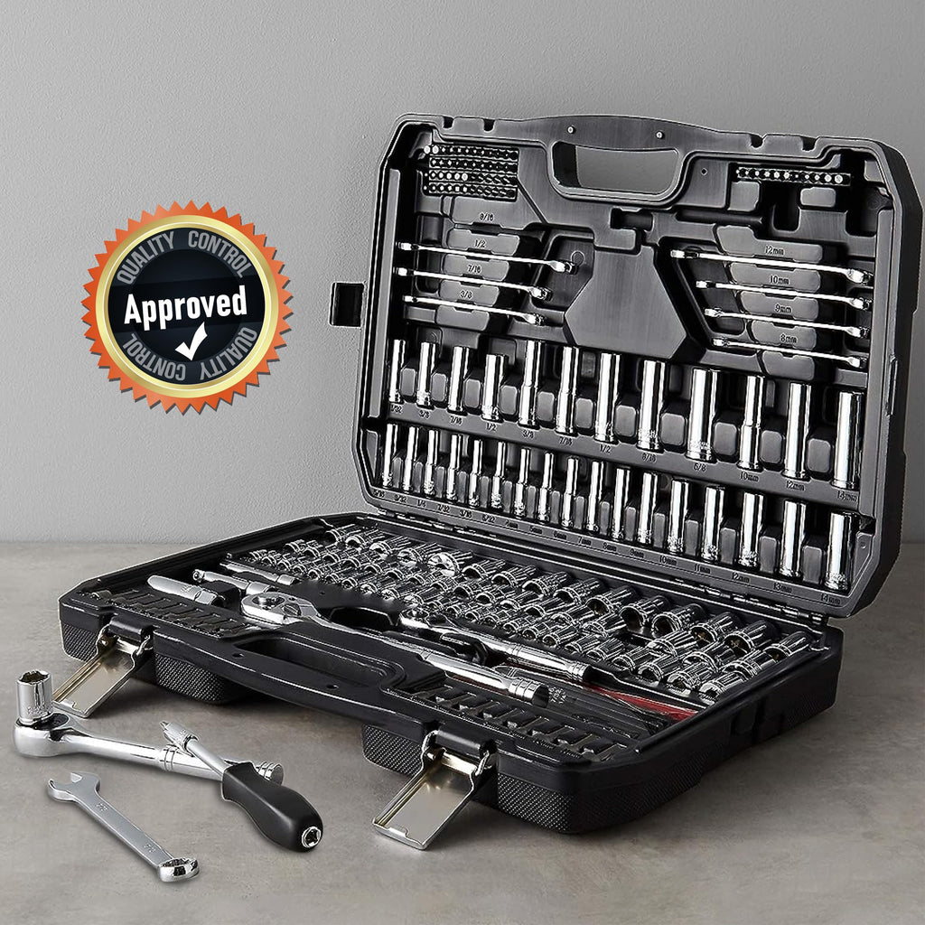 Amazon Basics 201-Piece Mechanic's Socket Tool Set With Case, SAE and Metric Sizes, Chrome-Vanadium Steel, Portable