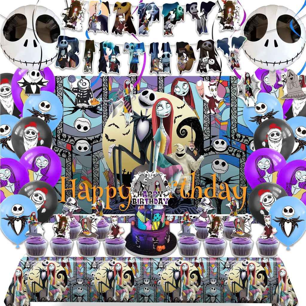 Favuit Birthday Decorations, Nightmare Christmas Party Supplies Halloween Birthday Party Decorations Set Includes Banner Balloons Tablecloth Backdrop Hanging Swirls Cake Toppers