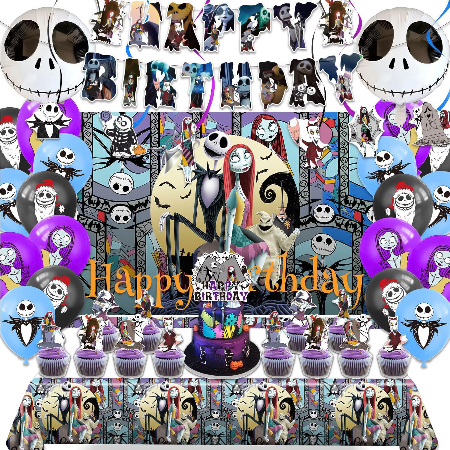 Favuit Birthday Decorations, Nightmare Christmas Party Supplies Halloween Birthday Party Decorations Set Includes Banner Balloons Tablecloth Backdrop Hanging Swirls Cake Toppers