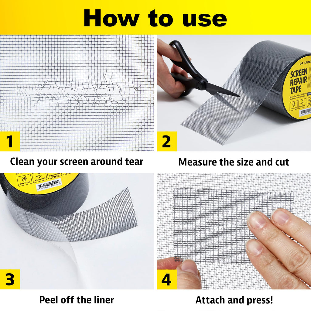 DR.TAPELAB, Black Window Screen Repair Tape, 4 in X 15 FT, Screen Repair Kit for Windows or Doors, Strong Adhesive Patch Kit Fiberglass Mesh Tape