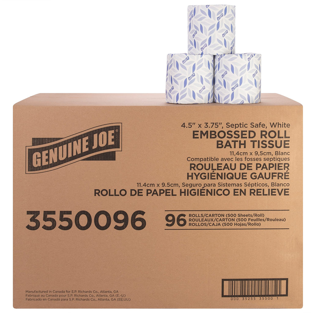 Genuine Joe Embossed Bath Tissue, 2-Ply, Septic Safe, Individually Wrapped, 4.5" x 3.75", 500 Sheets/Roll, 96 Count