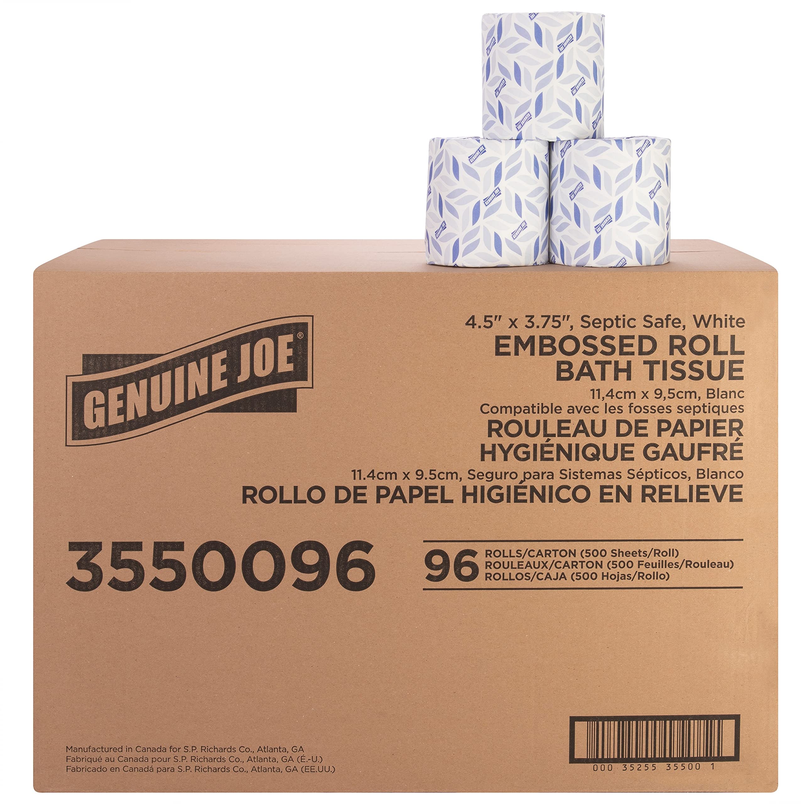 Genuine Joe Embossed Bath Tissue, 2-Ply, Septic Safe, Individually Wrapped, 4.5" x 3.75", 500 Sheets/Roll, 96 Count