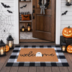 Halloween Door Mat Combo Set, Welcome Ghost Coco Coir Welcome Doormat + 28" x 43" Black and White Plaid Rug, Autumn Halloween Front Porch Entryway Decor Floor Mat
