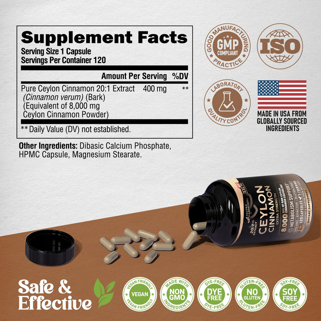 Ceylon Cinnamon Capsules - Extra Strength - Energy, Heart & Metabolism Support - for Men & Women - Pure Natural Extract 20:1 Supplement - Made in USA - GMO & Gluten Free, 120 Capsules, 4 Month Supply
