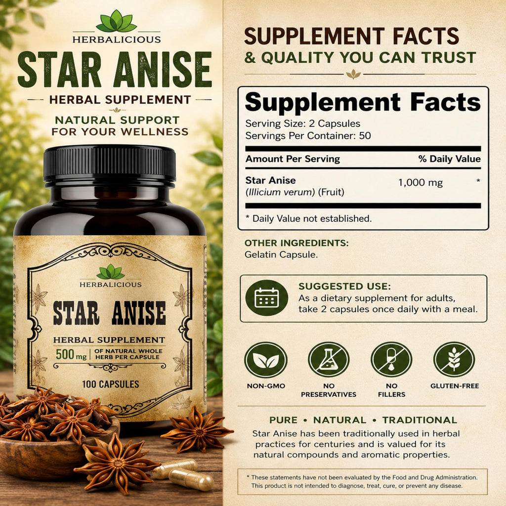 HERBALICIOUS Star Anise Supplement – Organic (Illicium verum) – 100 Capsules – 1000mg – No Fillers, No Preservatives – Immune & Antioxidant Support