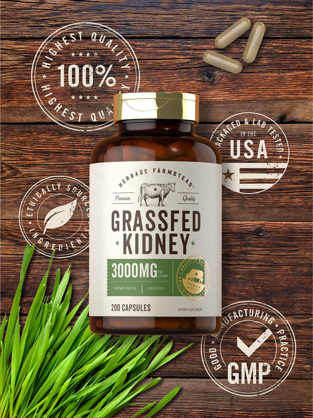 Carlyle Grass Fed Beef Kidney Supplement | 200 Capsules | 3000mg | Pasture Raised Desiccated Bovine Supplement | Hormone and Pesticide Free | Non-GMO, Gluten Free | by Herbage Farmstead