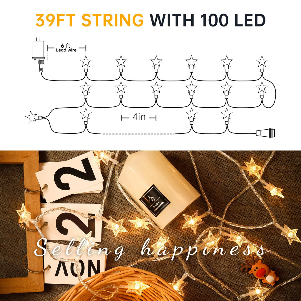 HEYFUNi 39FT 100LED Star String Lights Plug in, Twinkle Lights with Remote