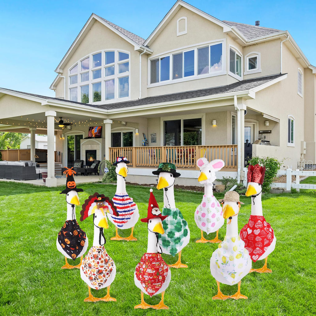 8 Set Seasonal Holiday Porch Goose Outfits 4th of July Summer All Seasons Geese Bandana Lawn Goose Clothes Costume Clothing for 23" Plastic Cement Goose Statue Patio Yard Outdoor Decor