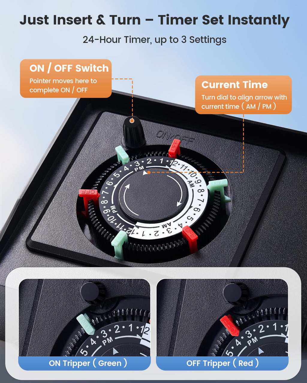 SURAIELEC Mechanical Pool Timer for Above Ground Pools, NEMA L5-20R Twist-Lock Plug-in Pool Timer, 20A 125V 1HP, Up to 3 Daily Settings, Weatherproof Cover, for Pumps, Heaters, Fountains and Lighting