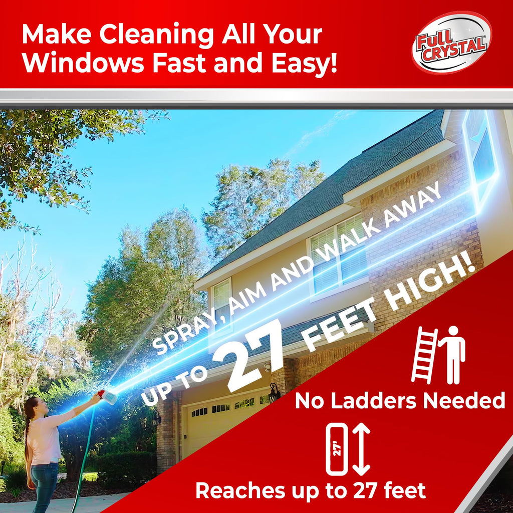 Full Crystal Window Cleaning Kit – 8 oz Glass Cleaner and Bottle with 27 ft Reach, Each 4 oz Bag Makes Up to 640 fl oz, Cleans Up to 40 Windows, Scrub-Free, Rinse-Free