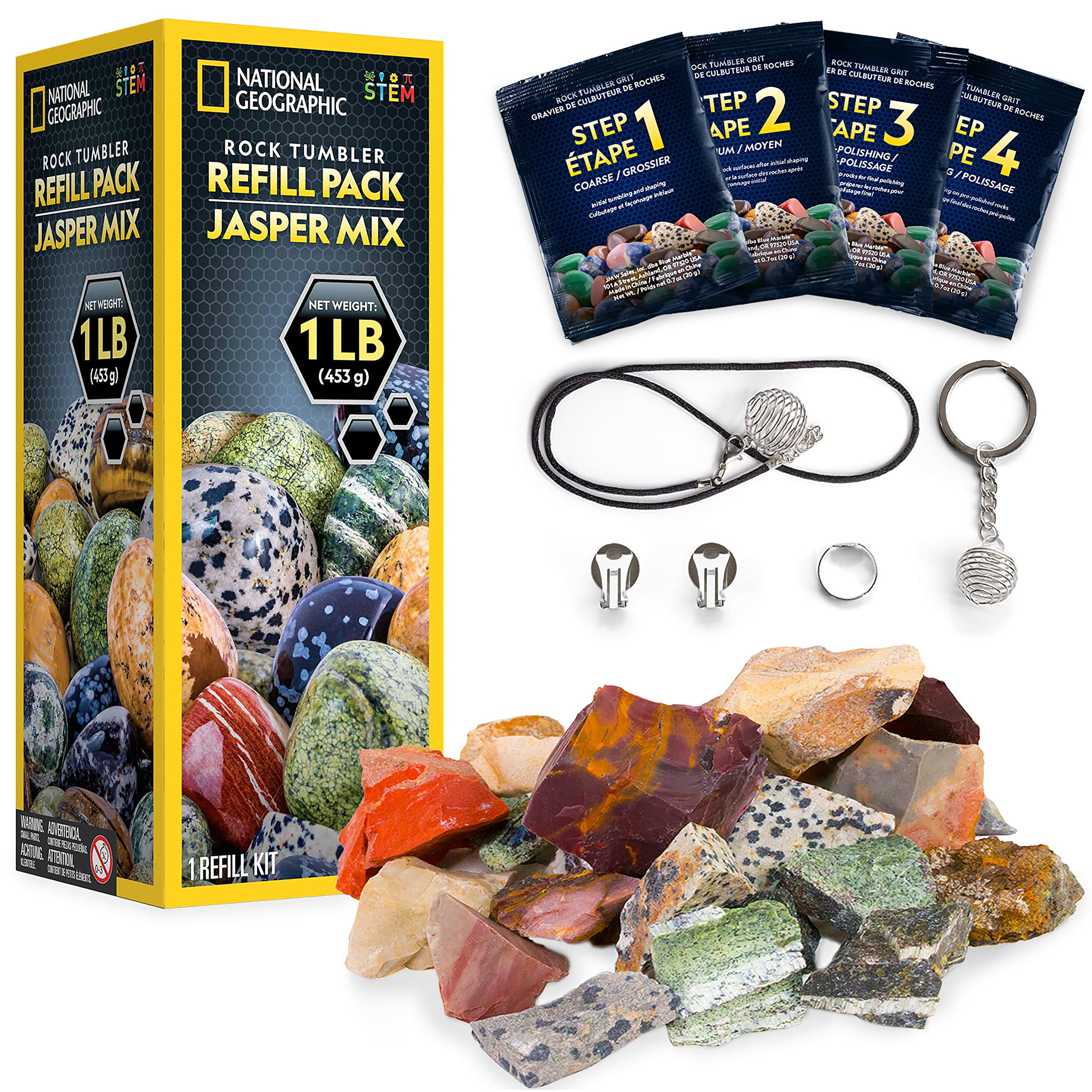 NATIONAL GEOGRAPHIC Rock Tumbler Refill Kit - 1 Lb. Jasper Rocks for Tumbling - 8 Varieties including Mookaite and Kabamba - Rock Tumbler Supplies include Rock Tumbler Grit and Jewelry Accessories
