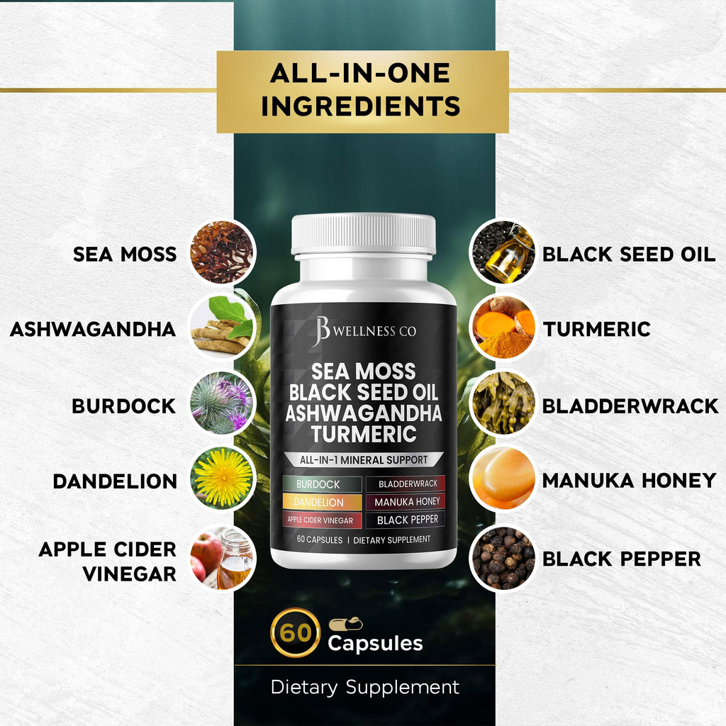 Sea Moss Black Seed Oil Ashwagandha Turmeric Bladderwrack Burdock - with Manuka, Honey Dandelion, ACV Black Pepper Gluten Free - 60 Count