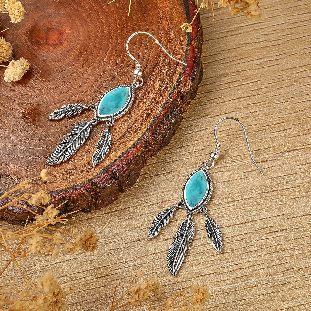AVECON 2CT Marquise Turquoise Dangle Earrings for Women, Feather Jewelry