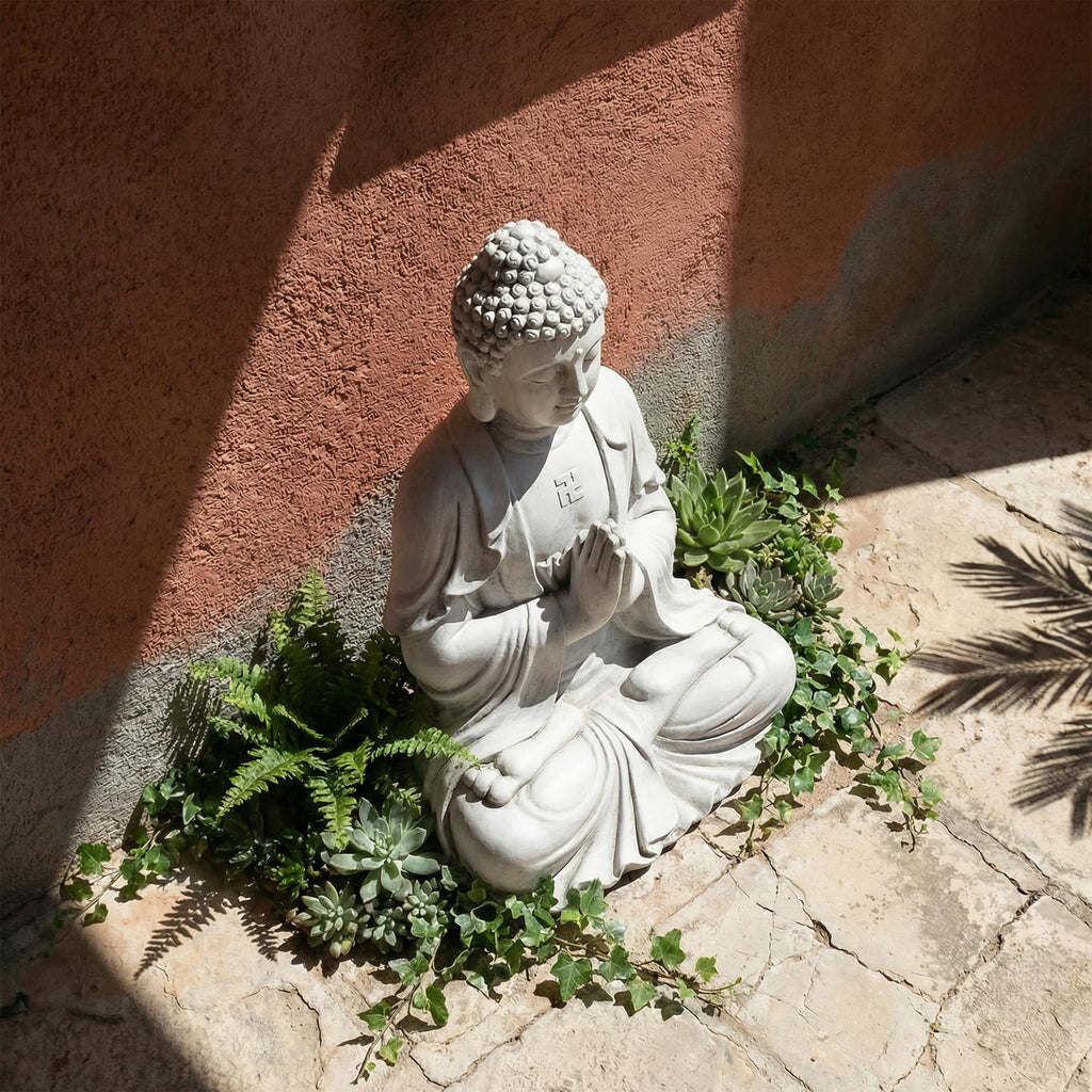 Greens Word Sculptures Buddha Statue, Garden Statues 23.6 Inch Tall, Large Magnesium Oxide Praying Buddha Sculpture Indoor & Outdoor, Spiritual Statue for Home Decor Yard Porch Patio, White