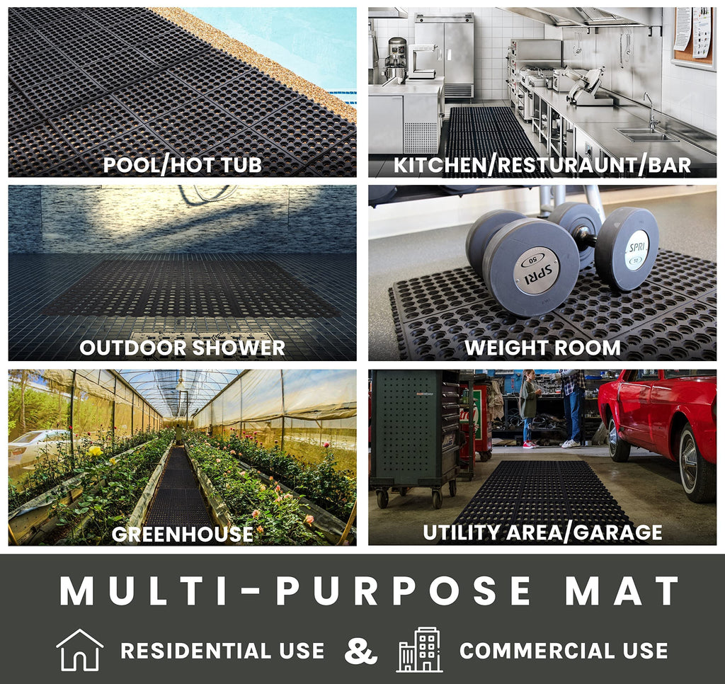Envelor Interlocking Rubber Floor Tiles with Drainage Holes Anti Fatigue Garage Floor Mat Non Slip Wet Area Mat for Bar, Kitchen, Restaurant, Outdoor, Modular Snap Together 1-Pack, 36 x 36 inches