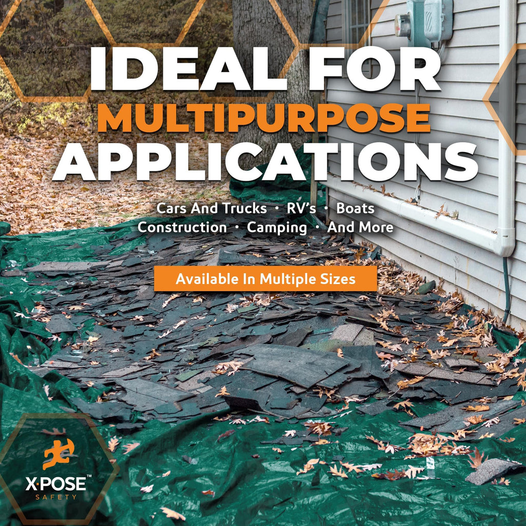Heavy Duty Poly Tarp - 16' x 20' (4-Pack) - 10 Mil Thick Waterproof, UV Blocking Protective Cover - Reversible Green and Black - Laminated Coating - Grommets - by Xpose Safety