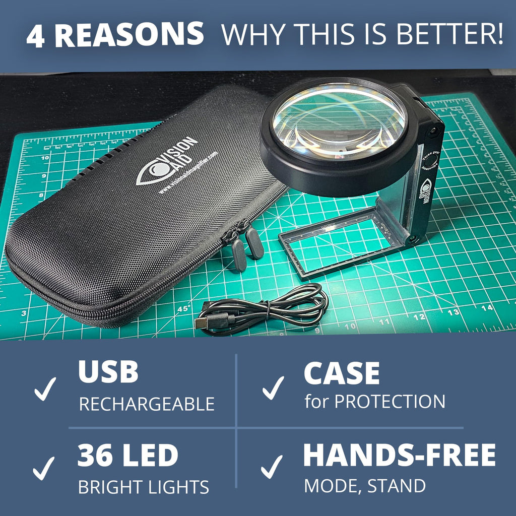 Hands-Free Magnifier with USB Rechargeable LED Lights and Storage Case | Loupe Magnifying Glass with Stand for Reading Jewelry Coins Watch Hobby Crafts Close Work