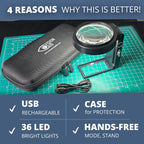 Hands-Free Magnifier with USB Rechargeable LED Lights and Storage Case | Loupe Magnifying Glass with Stand for Reading Jewelry Coins Watch Hobby Crafts Close Work