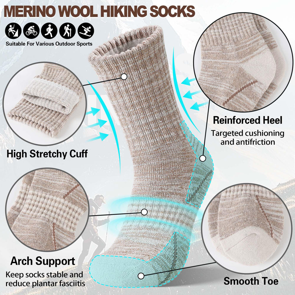 Sandsuced Merino Wool Hiking Socks Thermal Warm Winter Cozy Outdoor Crew Socks 5 Pairs Gift Stocking Stuffers for Women Men(Black/Khaki/Gray,M)
