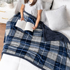 PAVILIA Twin Plaid Sherpa Throw Blanket for Couch Sofa Bed, Navy, 60x80
