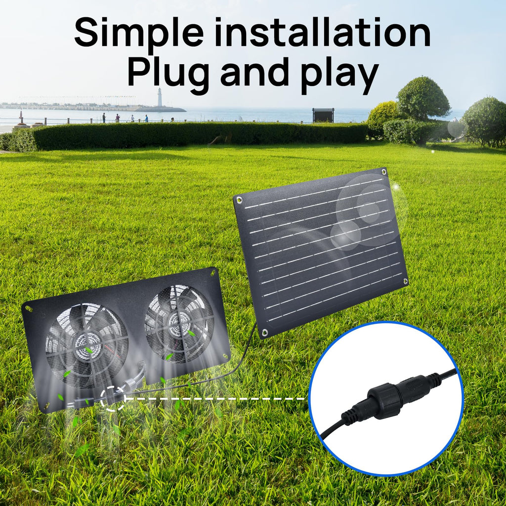 DC HOUSE 20W Solar Fan Powered Exhaust Fan for Chicken Coops, Greenhouses, Sheds, Pet Houses, and Windows - Waterproof and Plug Play Easy Connector Max Applicable Space 880ft3 (25 m3)