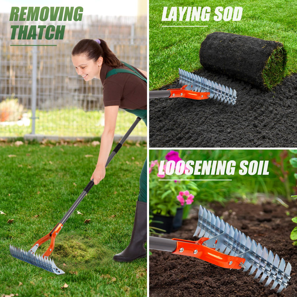 Thatch Rake for Lawn with Adjustable Handle Heavy Duty Steel Lawn Rake