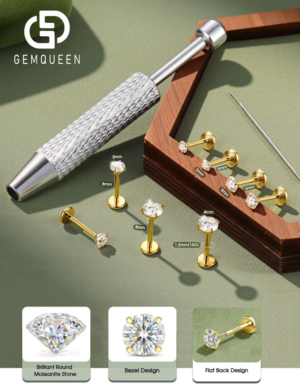 GEMQUEEN 8 PCS Moissanite ＆ G23 Titanium Flat Back Earrings Hypoallergenic