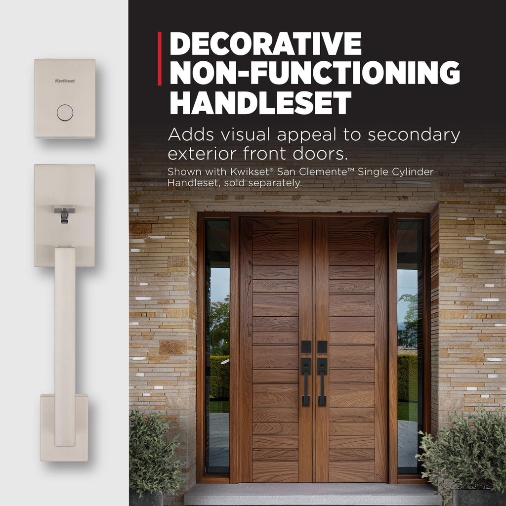 Kwikset San Clemente Non-Functioning Front Door Lock Handle, Inactive Deadbolt and Interior Door Handle, Dummy Handleset Exterior with Interior Reversible Lever, Satin Nickel with Microban Protection