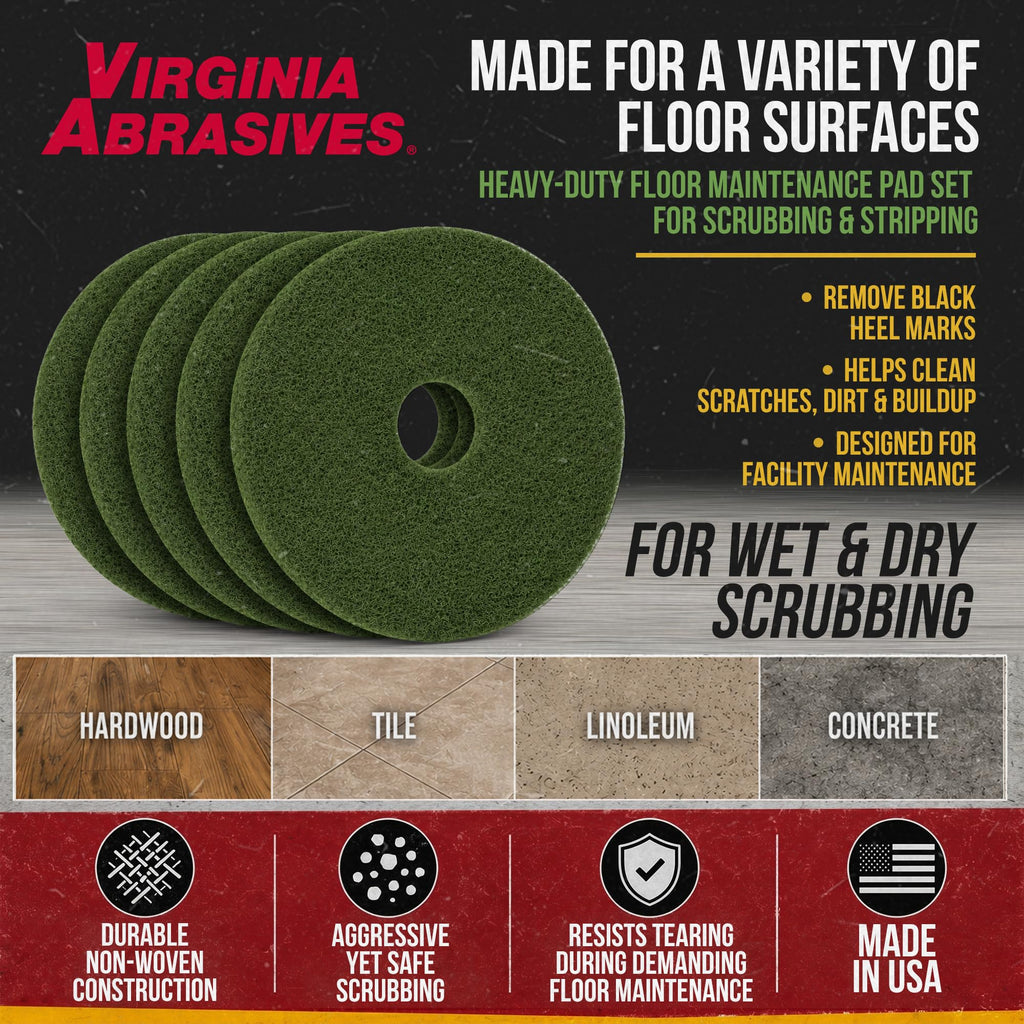 Green Floor Maintenance Pads, Deep Cleaning & Light Stripping, 20", 5-Pack