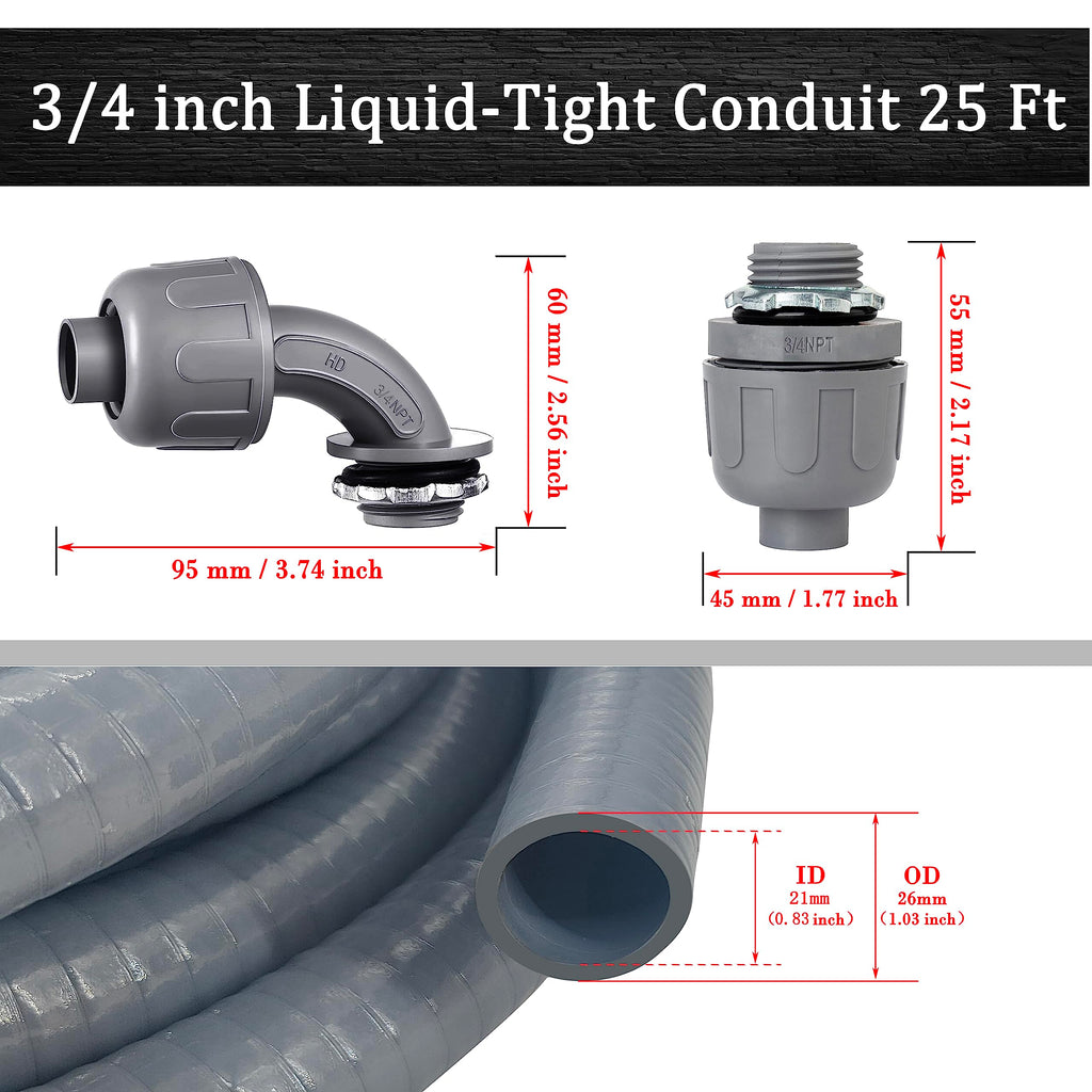 Wocloer Liquid-Tight Conduit - 3/4inch 25 Foot Flexible Non Metallic Liquid Tight Electrical Conduit Kit, With 4 Straight and 3 90-Degree Conduit Connector Fittings.3/4" Dia