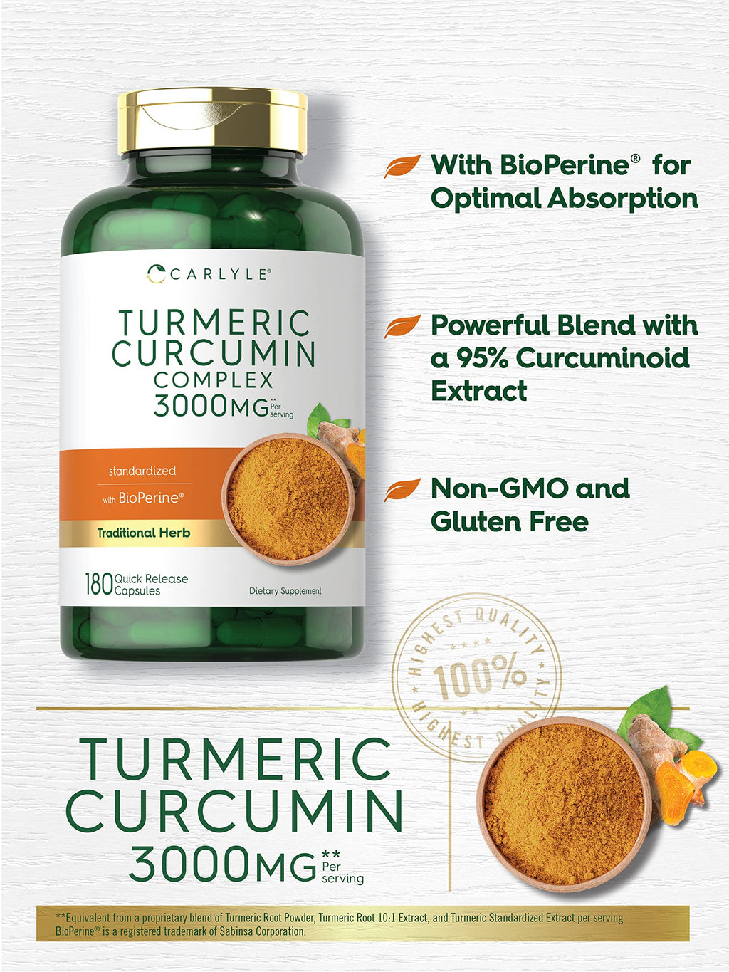 Carlyle Turmeric Curcumin Supplement | 180 Capsules | with Black Pepper, Curcuminoids and Bioperine | Non-GMO, Gluten Free